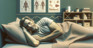 Create a detailed illustration of a man in his early 50s lying comfortably in bed with a relaxed expression, showing signs of peaceful sleep. Around the bedroom, depict various elements of physical th