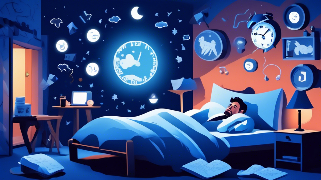 Create an image showing a man lying in bed with various sleep myth-related icons surrounding him, such as a moon with counting sheep, a clock set to differ