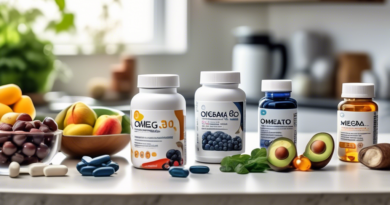 A detailed still life image of various dietary supplements in a well-lit, modern kitchen setting. The supplements, including Omega-3 fish oil capsules, CoQ10, magnesium, and vitamin D, are arranged ne