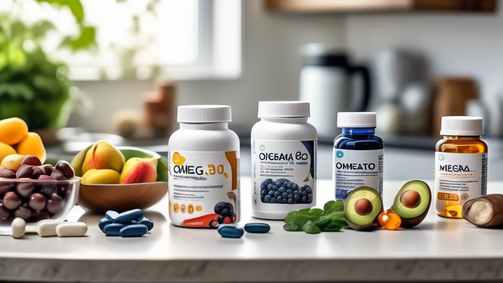 A detailed still life image of various dietary supplements in a well-lit, modern kitchen setting. The supplements, including Omega-3 fish oil capsules, CoQ10, magnesium, and vitamin D, are arranged ne