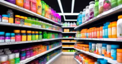 Create an image of a vibrant, modern fitness supplement store. Shelves are filled with various brightly colored supplement containers—protein powders, vitamins, and hydration tablets. In the center, f