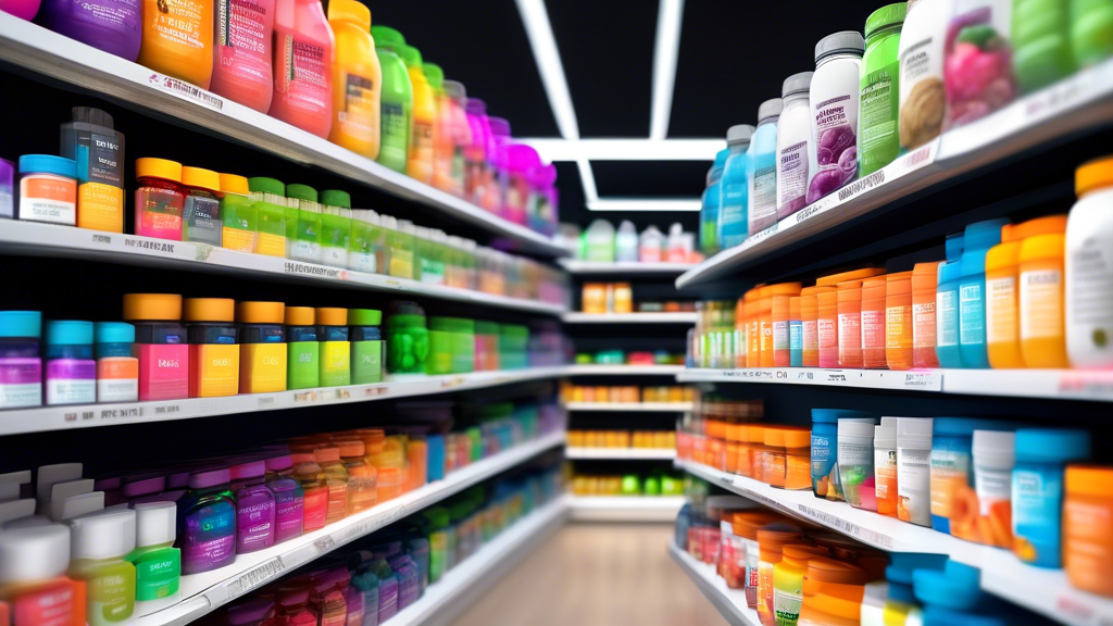 Create an image of a vibrant, modern fitness supplement store. Shelves are filled with various brightly colored supplement containers—protein powders, vitamins, and hydration tablets. In the center, f