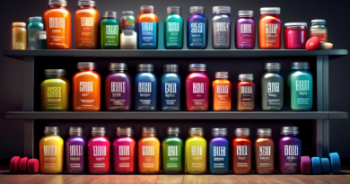 Create an image of a variety of supplement jars and bottles neatly arranged on a gym bench, with a backdrop featuring weights, a treadmill, and other fitness equipment. The labels on the supplements s