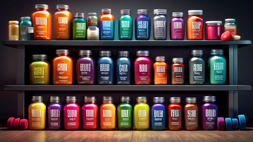 Create an image of a variety of supplement jars and bottles neatly arranged on a gym bench, with a backdrop featuring weights, a treadmill, and other fitness equipment. The labels on the supplements s