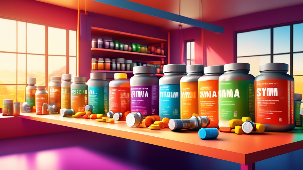 A vibrant, high-energy scene featuring an array of supplements and vitamins, each labeled to show their names and benefits for physical stamina. The backdrop should include active individuals engaging
