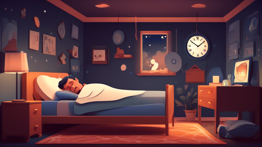 A detailed digital illustration depicting a mature man sleeping in a cozy bedroom. The scene should show a clock on the nightstand indicating various times