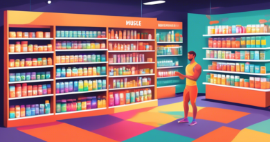 Create a digital illustration of a vibrant, modern health and wellness store. The store shelves are stocked with various supplements specifically labeled for muscle flexibility. Customers, including a