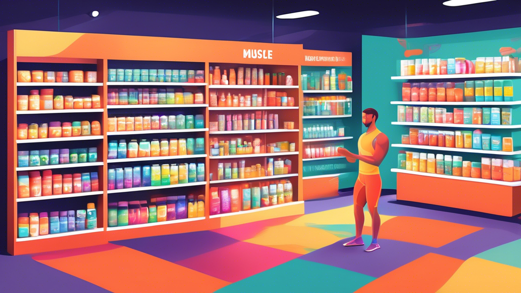 Create a digital illustration of a vibrant, modern health and wellness store. The store shelves are stocked with various supplements specifically labeled for muscle flexibility. Customers, including a