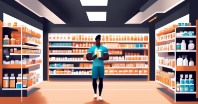 Create an image of a modern, sleek health store with shelves filled with various supplements. Highlight well-organized sections labeled Muscle Strength, showcasing protein powders, creatine containers