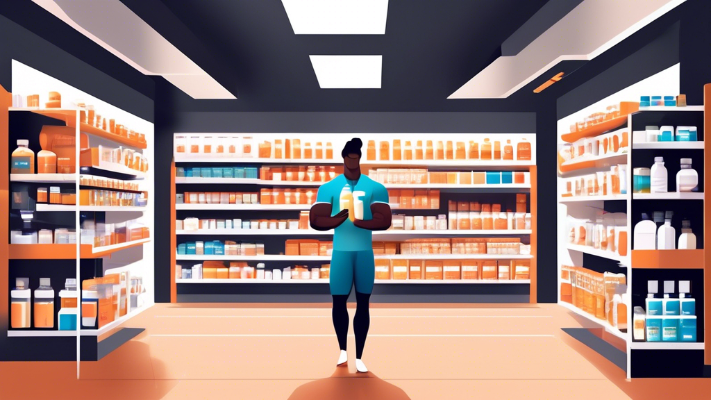 Create an image of a modern, sleek health store with shelves filled with various supplements. Highlight well-organized sections labeled Muscle Strength, showcasing protein powders, creatine containers