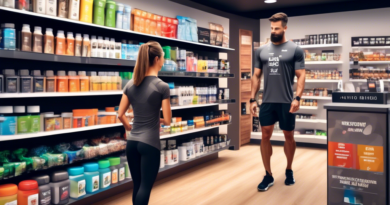 Create an image of a well-organized sports nutrition store with shelves filled with a variety of supplements such as protein powders, energy bars, and hydration drinks. In the foreground, show an athl