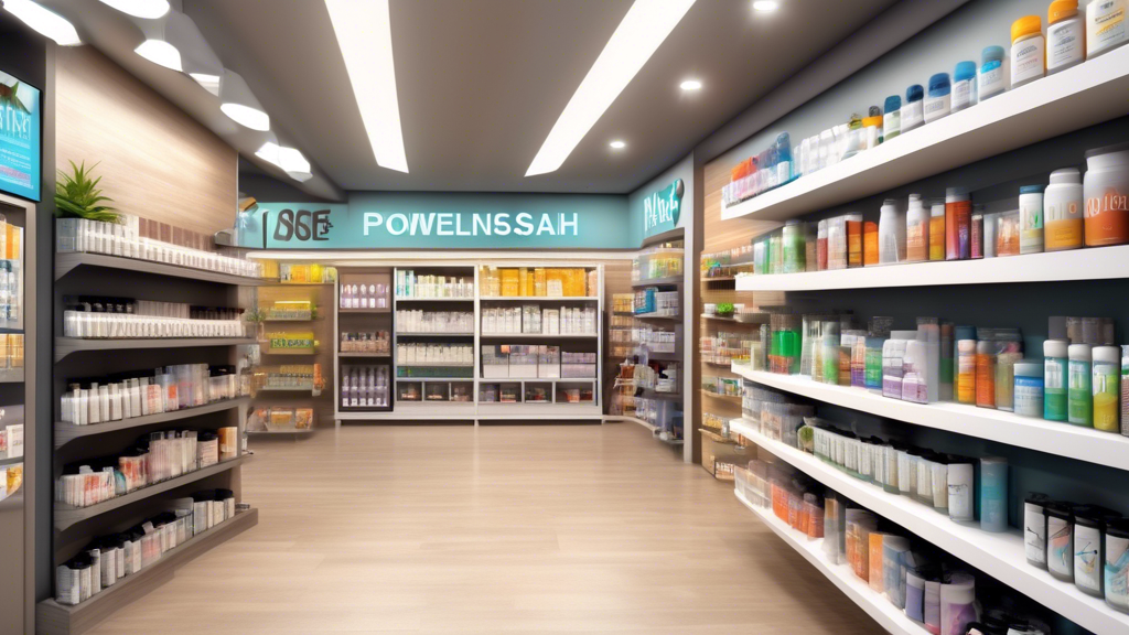 Create an image of a well-organized, modern health and wellness store with a dedicated section for muscle health supplements. Display neatly arranged shelves with various types of supplements, such as