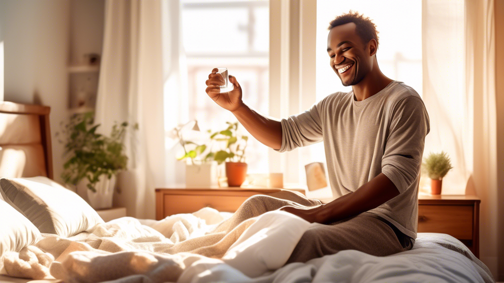 Create an image of a man waking up refreshed in a bright, cozy bedroom. The morning sunlight streams through the window, highlighting a neat and comfortabl
