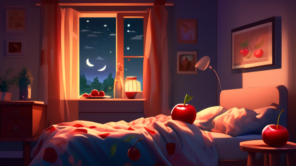 Create an image depicting a cozy bedroom setting with a focus on a bedside table. On the table, there are healthy foods such as cherries, almonds, and a gl