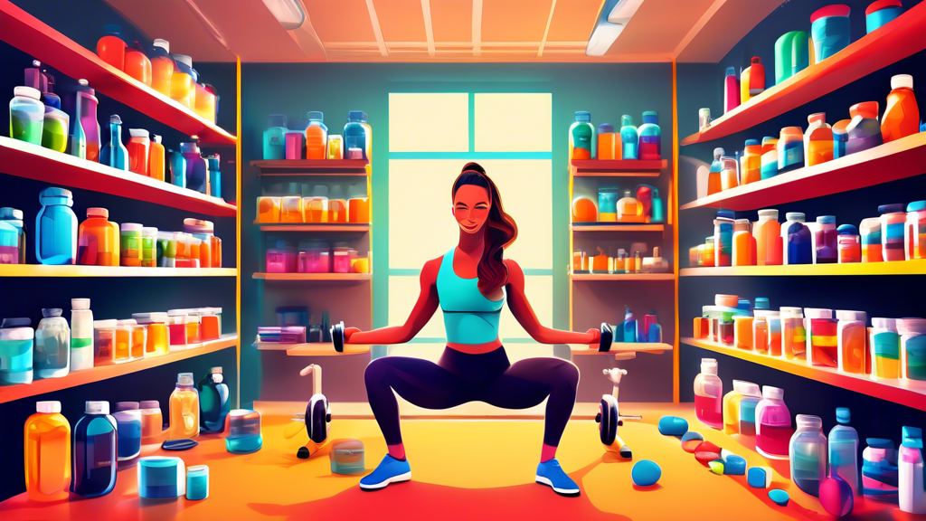 Create a vibrant image of a fitness enthusiast surrounded by various exercise equipment and nutritional supplements. The person appears energetic and focused, with a background showcasing a bright, mo
