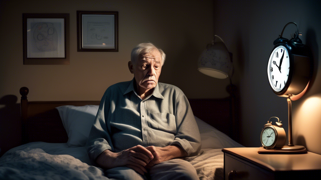 An elderly man sitting on the edge of his bed, looking concerned and tired, with a clock showing 3 AM, and a thought bubble with images of common sleep dis