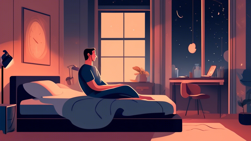 Create an illustration of a man peacefully sleeping in a modern, cozy bedroom. Emphasize elements of good sleep hygiene: a comfortable bed, soft lighting,